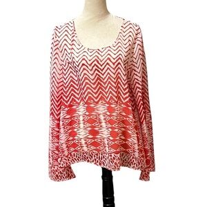 Umgee USA Women's Long Slit Sleeve Orange & White Sheer Blouse L